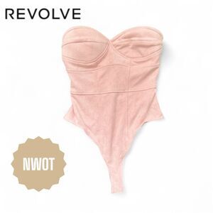 Revolve by the way. Blush Pink Velvet Strapless Bustier Thong Bodysuit XS